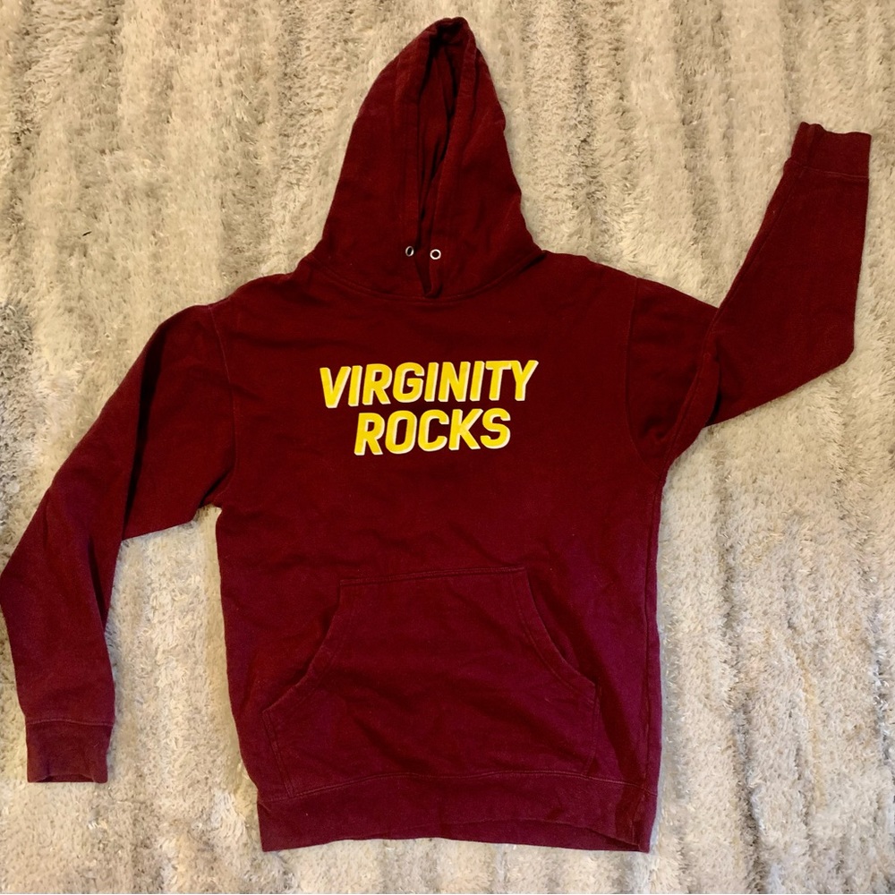 Maroon Pullover Hoodie with Yellow "Virginity Rocks" Chest Print